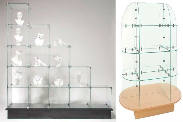 Для сборки стеклянных стелажей применяют специализированную фурнитуру стеклянные стеллажи и специализированная фурнитура